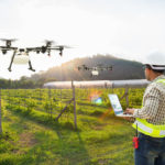 Technician_farmer_use_wifi_computer_control_agriculture_drone_fly_to_sprayed_fertilizer_on_grape_field,_Smart_farm_concept